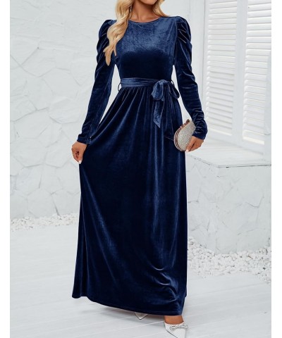 Women's Velvet Maxi Dress Long Puff Sleeve Crew Neck Elastic High Waist Cocktail Party Bridesmaid Dresses Navy $24.74 Dresses