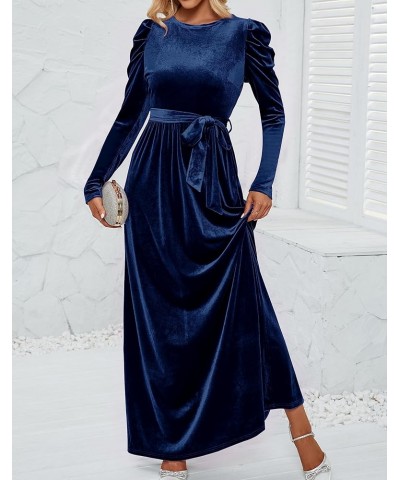 Women's Velvet Maxi Dress Long Puff Sleeve Crew Neck Elastic High Waist Cocktail Party Bridesmaid Dresses Navy $24.74 Dresses