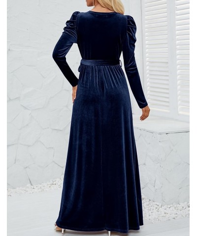 Women's Velvet Maxi Dress Long Puff Sleeve Crew Neck Elastic High Waist Cocktail Party Bridesmaid Dresses Navy $24.74 Dresses