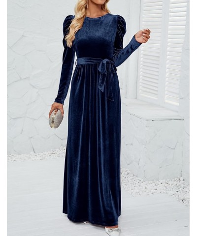 Women's Velvet Maxi Dress Long Puff Sleeve Crew Neck Elastic High Waist Cocktail Party Bridesmaid Dresses Navy $24.74 Dresses