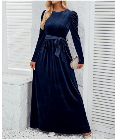 Women's Velvet Maxi Dress Long Puff Sleeve Crew Neck Elastic High Waist Cocktail Party Bridesmaid Dresses Navy $24.74 Dresses