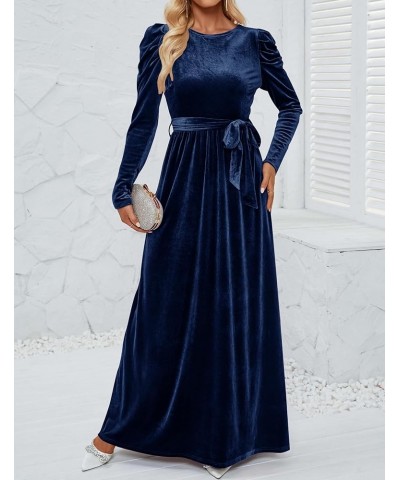 Women's Velvet Maxi Dress Long Puff Sleeve Crew Neck Elastic High Waist Cocktail Party Bridesmaid Dresses Navy $24.74 Dresses