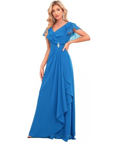 Long Chiffon Bridesmaid Dresses for Women V Neck Flutter Sleeve Pleated Formal Evening Dresses MRX47 Blue $18.90 Dresses