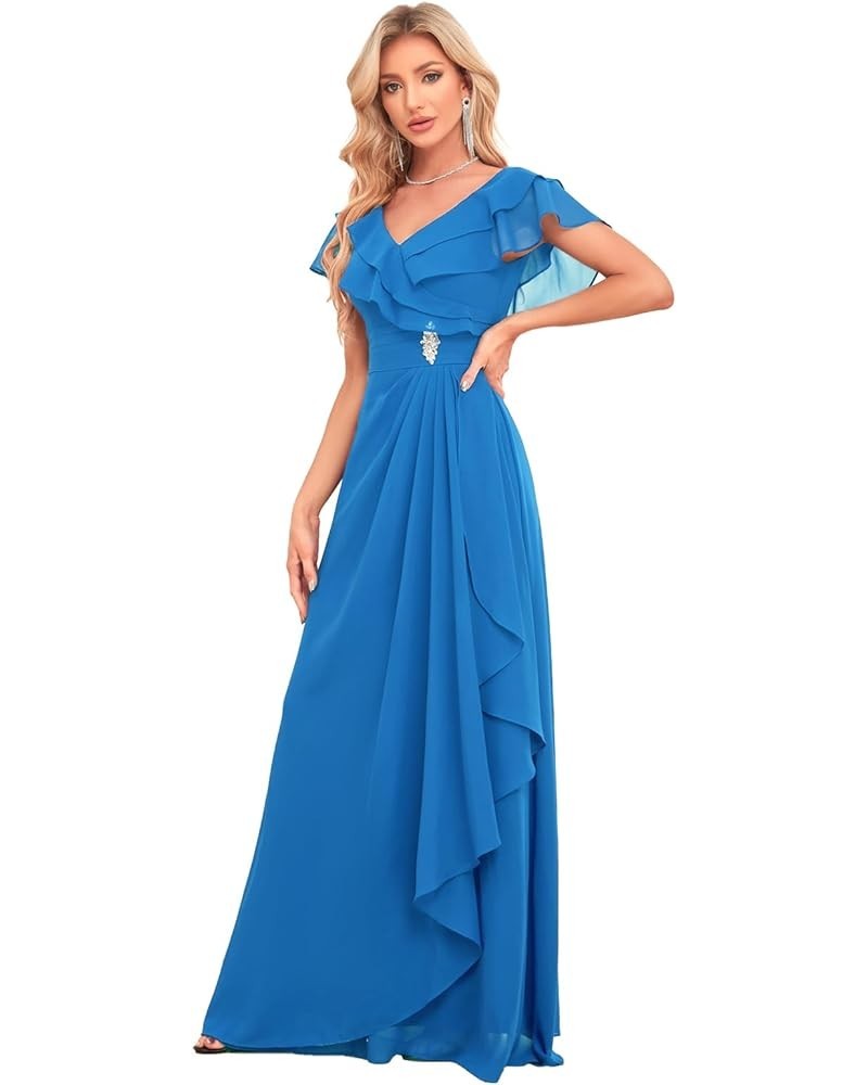 Long Chiffon Bridesmaid Dresses for Women V Neck Flutter Sleeve Pleated Formal Evening Dresses MRX47 Blue $18.90 Dresses