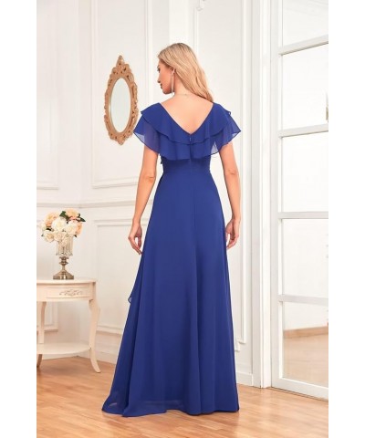 Long Chiffon Bridesmaid Dresses for Women V Neck Flutter Sleeve Pleated Formal Evening Dresses MRX47 Blue $18.90 Dresses