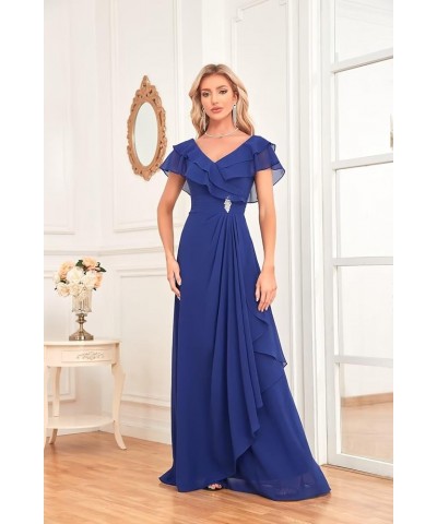 Long Chiffon Bridesmaid Dresses for Women V Neck Flutter Sleeve Pleated Formal Evening Dresses MRX47 Blue $18.90 Dresses