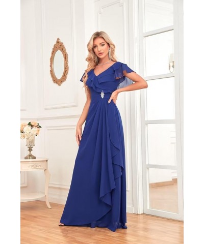 Long Chiffon Bridesmaid Dresses for Women V Neck Flutter Sleeve Pleated Formal Evening Dresses MRX47 Blue $18.90 Dresses