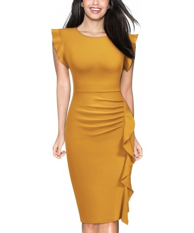 Women's Business Retro Ruffles Slim Cocktail Pencil Dress Yellow $21.31 Dresses