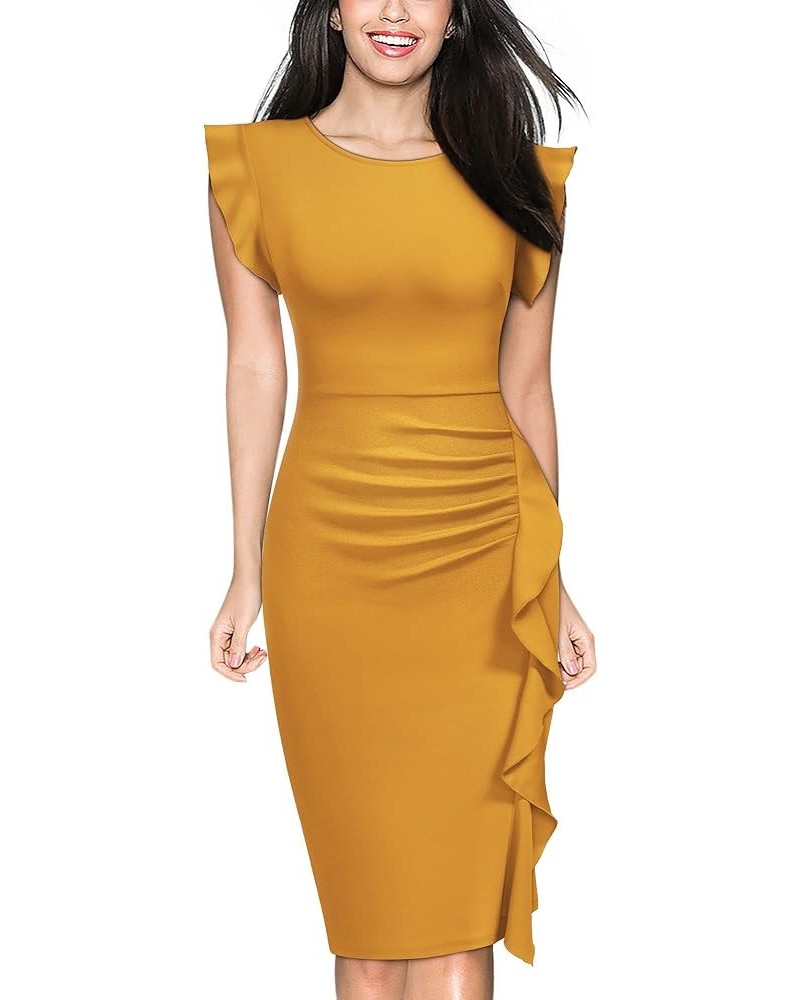 Women's Business Retro Ruffles Slim Cocktail Pencil Dress Yellow $21.31 Dresses