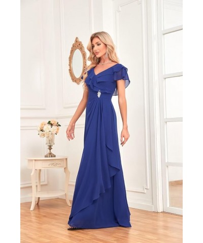 Long Chiffon Bridesmaid Dresses for Women V Neck Flutter Sleeve Pleated Formal Evening Dresses MRX47 Blue $18.90 Dresses