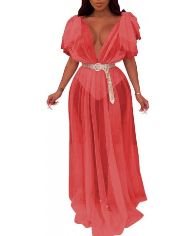 Women Sleeveless Strap Tunic Bodysuits with Mesh Sheer Flowy Ruffle Long Maxi Dress Red $17.39 Dresses