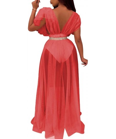 Women Sleeveless Strap Tunic Bodysuits with Mesh Sheer Flowy Ruffle Long Maxi Dress Red $17.39 Dresses