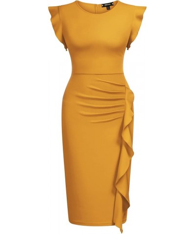 Women's Business Retro Ruffles Slim Cocktail Pencil Dress Yellow $21.31 Dresses