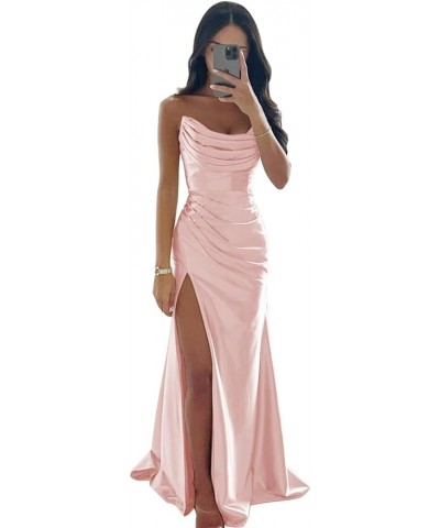 Strapless Satin Bridesmaid Dresses for Wedding Long Ruched Mermaid Formal Evening Prom Party Gown with Slit Black Blush Pink ...