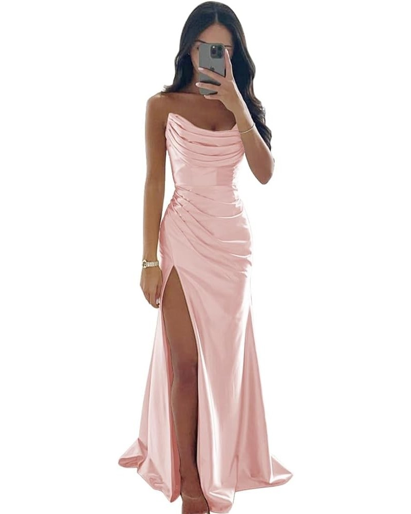 Strapless Satin Bridesmaid Dresses for Wedding Long Ruched Mermaid Formal Evening Prom Party Gown with Slit Black Blush Pink ...