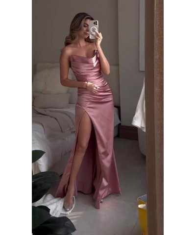 Strapless Satin Bridesmaid Dresses for Wedding Long Ruched Mermaid Formal Evening Prom Party Gown with Slit Black Blush Pink ...