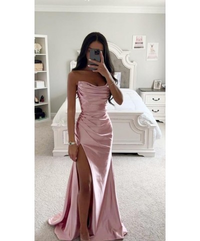 Strapless Satin Bridesmaid Dresses for Wedding Long Ruched Mermaid Formal Evening Prom Party Gown with Slit Black Blush Pink ...