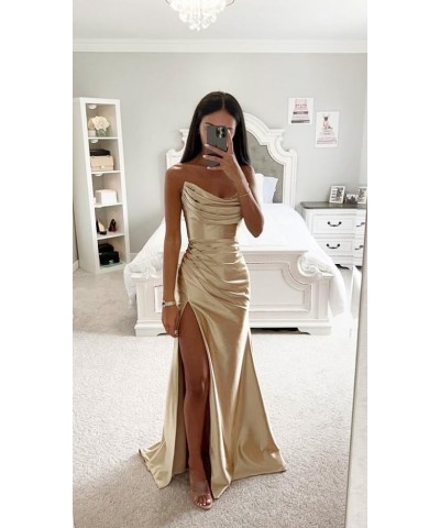 Strapless Satin Bridesmaid Dresses for Wedding Long Ruched Mermaid Formal Evening Prom Party Gown with Slit Black Blush Pink ...