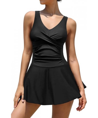 Women's V Neck One Piece Swimdress Crossover Ruched Skirt Swimsuit Retro Bathing Suit Black $18.47 Swimsuits