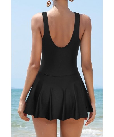 Women's V Neck One Piece Swimdress Crossover Ruched Skirt Swimsuit Retro Bathing Suit Black $18.47 Swimsuits