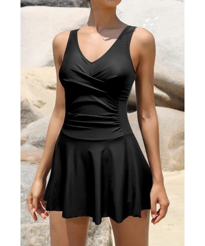 Women's V Neck One Piece Swimdress Crossover Ruched Skirt Swimsuit Retro Bathing Suit Black $18.47 Swimsuits