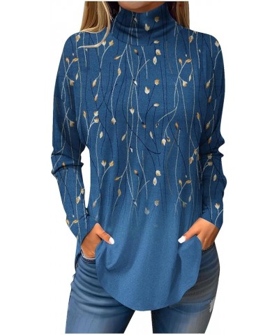 High Neck Shirts for Women Fall Casual Long Sleeve Tops Retro Graphic Print Blouses Loose Fitting Dressy Blouses C-blue $12.5...