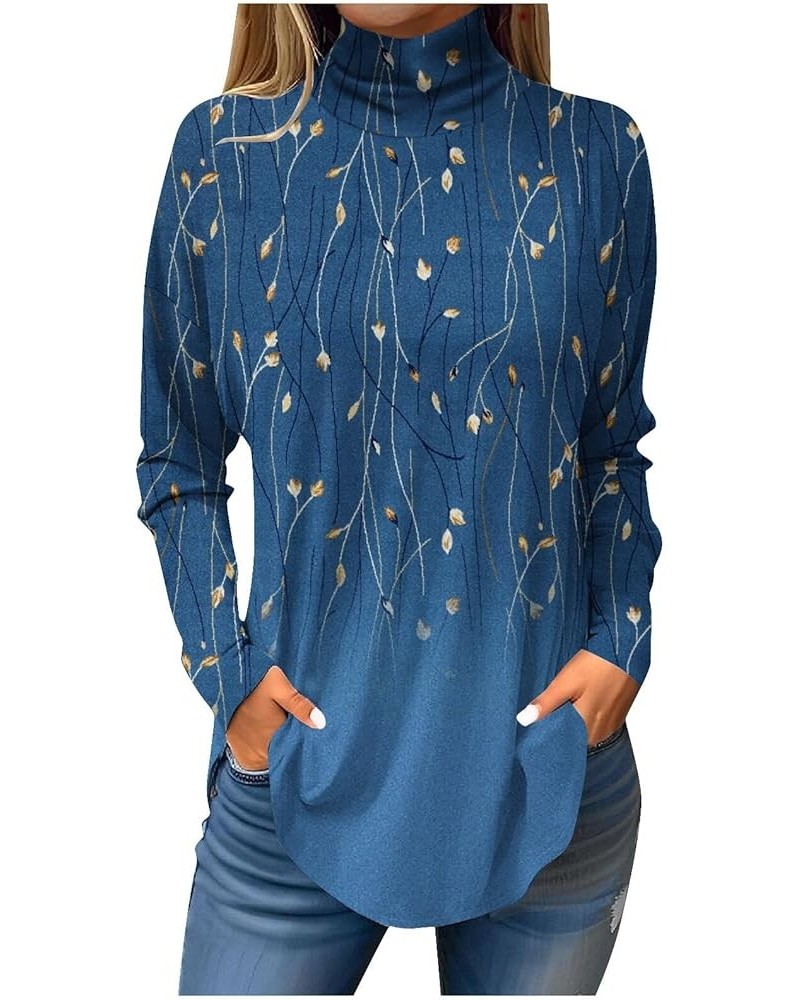 High Neck Shirts for Women Fall Casual Long Sleeve Tops Retro Graphic Print Blouses Loose Fitting Dressy Blouses C-blue $12.5...