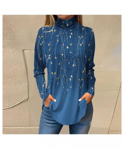 High Neck Shirts for Women Fall Casual Long Sleeve Tops Retro Graphic Print Blouses Loose Fitting Dressy Blouses C-blue $12.5...