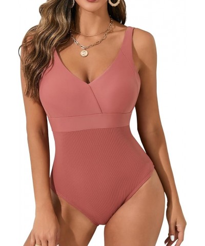 One Piece Bathing Suit for Women High Waist Ribbed Swimsuits V Neck Backless Swimwear T-darkpink $21.44 Swimsuits