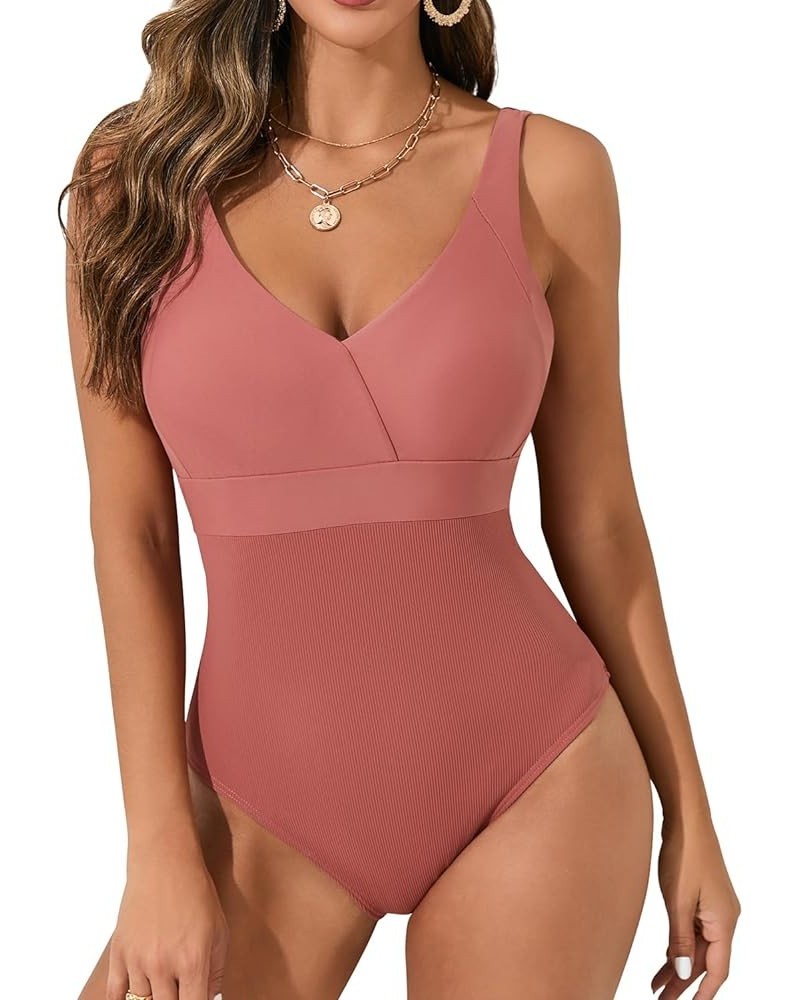 One Piece Bathing Suit for Women High Waist Ribbed Swimsuits V Neck Backless Swimwear T-darkpink $21.44 Swimsuits