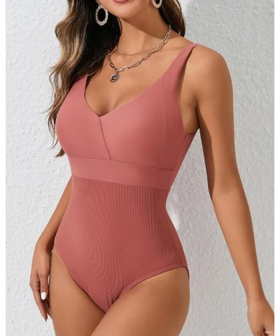 One Piece Bathing Suit for Women High Waist Ribbed Swimsuits V Neck Backless Swimwear T-darkpink $21.44 Swimsuits