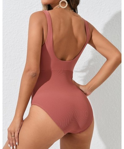 One Piece Bathing Suit for Women High Waist Ribbed Swimsuits V Neck Backless Swimwear T-darkpink $21.44 Swimsuits