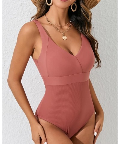 One Piece Bathing Suit for Women High Waist Ribbed Swimsuits V Neck Backless Swimwear T-darkpink $21.44 Swimsuits