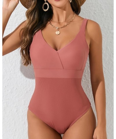 One Piece Bathing Suit for Women High Waist Ribbed Swimsuits V Neck Backless Swimwear T-darkpink $21.44 Swimsuits