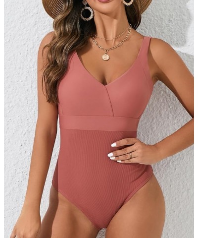 One Piece Bathing Suit for Women High Waist Ribbed Swimsuits V Neck Backless Swimwear T-darkpink $21.44 Swimsuits