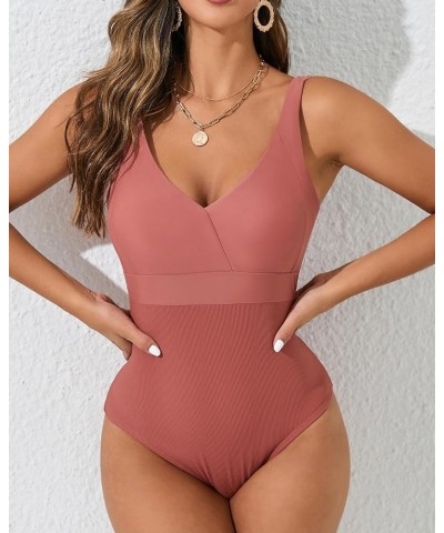 One Piece Bathing Suit for Women High Waist Ribbed Swimsuits V Neck Backless Swimwear T-darkpink $21.44 Swimsuits