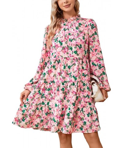 Women's Long Sleeve Boho Floral Ruffle Mock Neck Tiered Mini Babydoll Casual Swing Tunic Shift Dress Pink/Green Floral $14.99...