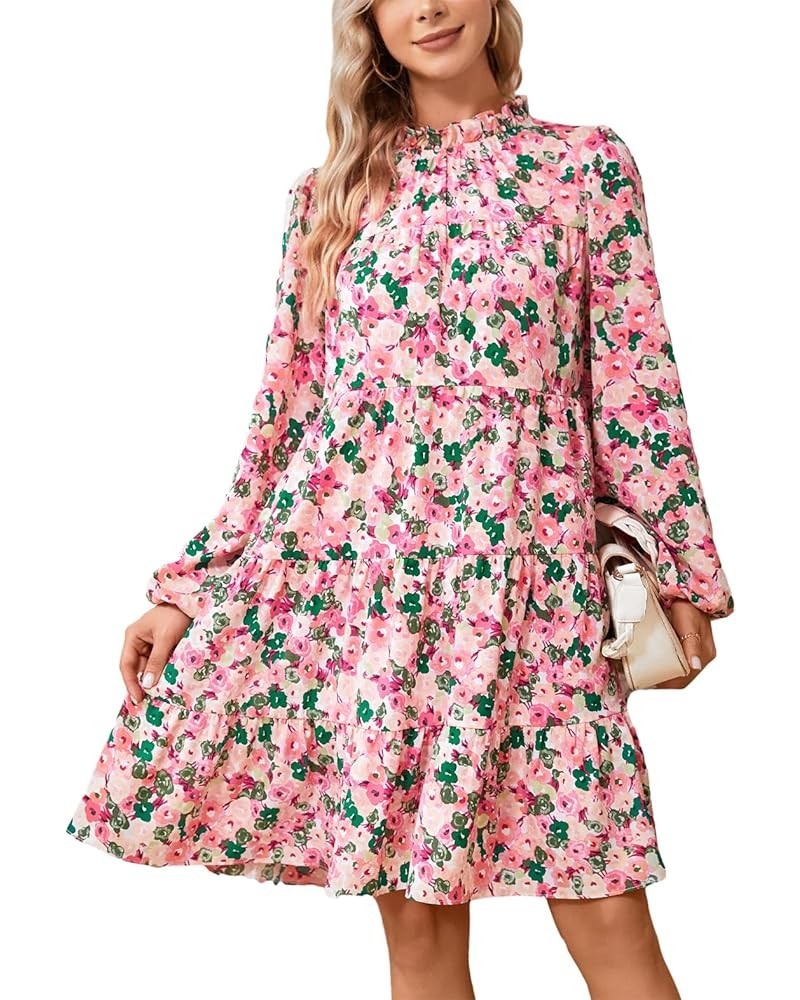 Women's Long Sleeve Boho Floral Ruffle Mock Neck Tiered Mini Babydoll Casual Swing Tunic Shift Dress Pink/Green Floral $14.99...