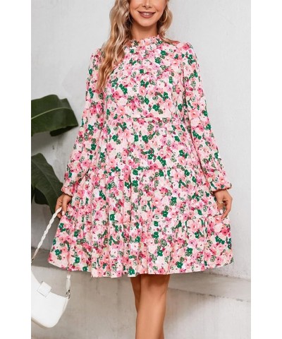 Women's Long Sleeve Boho Floral Ruffle Mock Neck Tiered Mini Babydoll Casual Swing Tunic Shift Dress Pink/Green Floral $14.99...