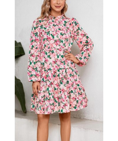 Women's Long Sleeve Boho Floral Ruffle Mock Neck Tiered Mini Babydoll Casual Swing Tunic Shift Dress Pink/Green Floral $14.99...