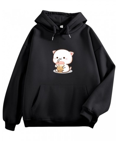 Cute Boba Cat Womens Hoodies Aesthetic Japanese Kawaii Anime Sweatshirt Boba Tea Cat Drinking Bubble Tea Pullover Black $15.2...