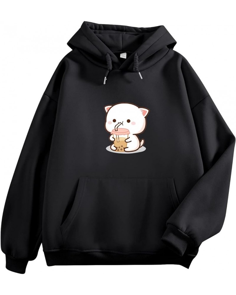 Cute Boba Cat Womens Hoodies Aesthetic Japanese Kawaii Anime Sweatshirt Boba Tea Cat Drinking Bubble Tea Pullover Black $15.2...