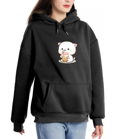 Cute Boba Cat Womens Hoodies Aesthetic Japanese Kawaii Anime Sweatshirt Boba Tea Cat Drinking Bubble Tea Pullover Black $15.2...