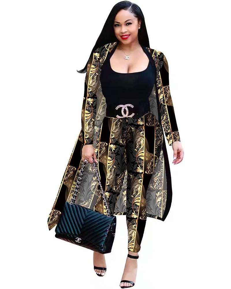 Women 2 Piece Outfits Floral Printed Long Sleeves Open Front Cardigan Overcoat Cover Up Leggings Pants Sets Black-3 $19.79 Suits