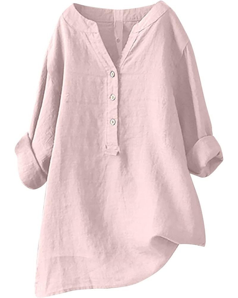 Tops Verano Mujer 2023 2024 Botón Blusa lino algodón Camisas sólido Manga Larga Cuello en V Ropa Camiseta Túnica Q1-pink $6.4...