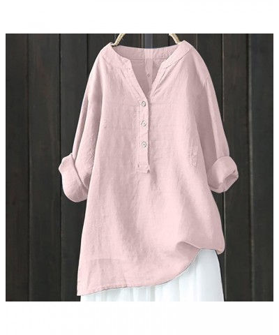 Tops Verano Mujer 2023 2024 Botón Blusa lino algodón Camisas sólido Manga Larga Cuello en V Ropa Camiseta Túnica Q1-pink $6.4...