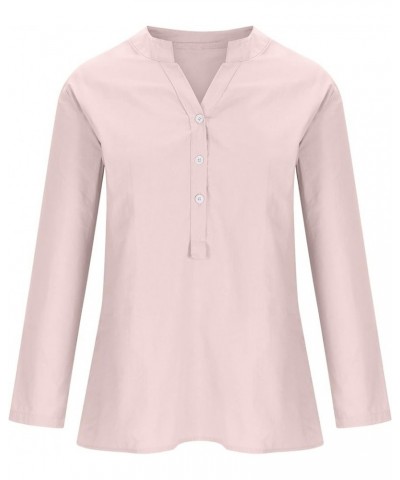 Tops Verano Mujer 2023 2024 Botón Blusa lino algodón Camisas sólido Manga Larga Cuello en V Ropa Camiseta Túnica Q1-pink $6.4...