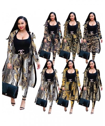 Women 2 Piece Outfits Floral Printed Long Sleeves Open Front Cardigan Overcoat Cover Up Leggings Pants Sets Black-3 $19.79 Suits