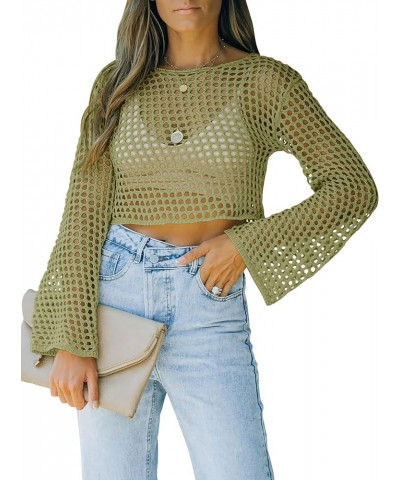 Womens Fishnet Crochet Crop Top Sexy Long Sleeve See Through Hollow Out Mesh Bikini Cover Ups Army Green $13.24 Swimsuits