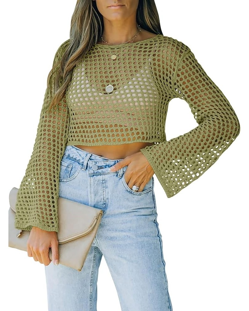 Womens Fishnet Crochet Crop Top Sexy Long Sleeve See Through Hollow Out Mesh Bikini Cover Ups Army Green $13.24 Swimsuits